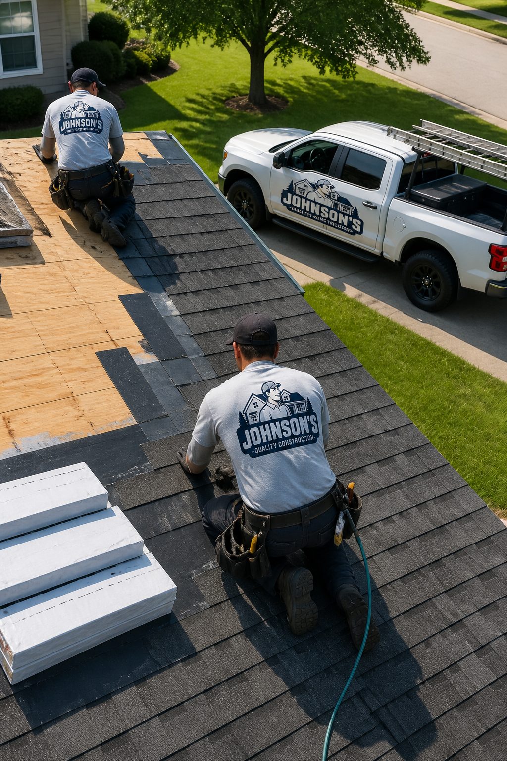 Aerial view of roofing crew
